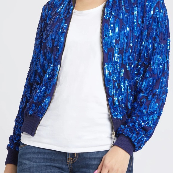 Mac Duggal Cobalt Sequin Bomber Jacket Rare 14 - Picture 1 of 12